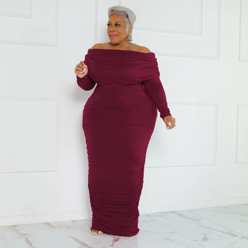 Plus Size Long Sleeve Dress Women Autumn Winter New Style Solid Color One-line Neck Fashion Sexy Large Fashion Women's Dress