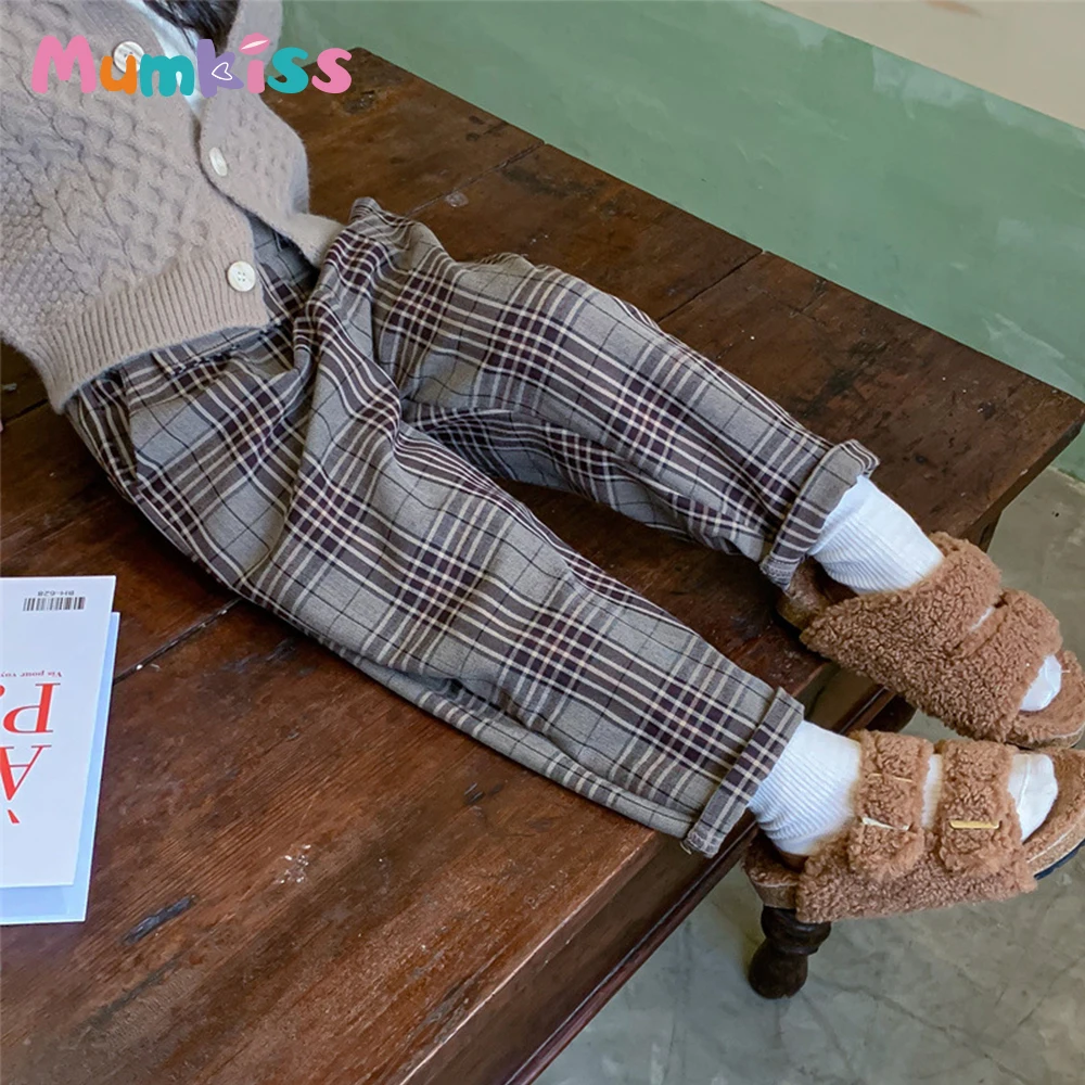 

Брюки для маленьких девочек MUMKISS, осенняя хлопковая клетчатая повседневная одежда, детские универсальные свободные брюки, одежда для Баби