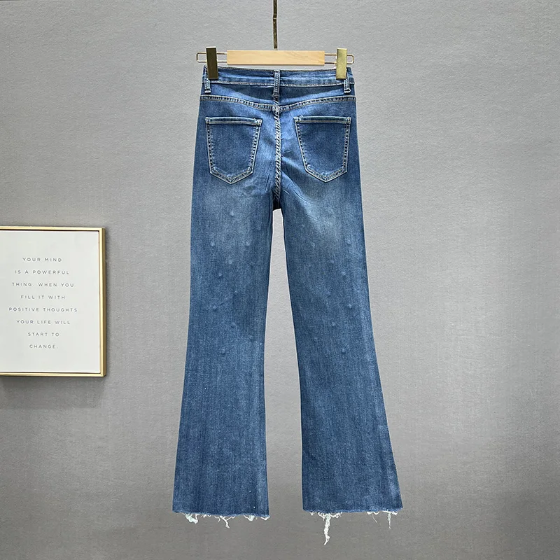 Jeans for Women 2022 New Thin Summer Clothing High Waist Slim Fit Denim Trousers Heavy Hot Drilling Flare Pants Ladies Blue Jean