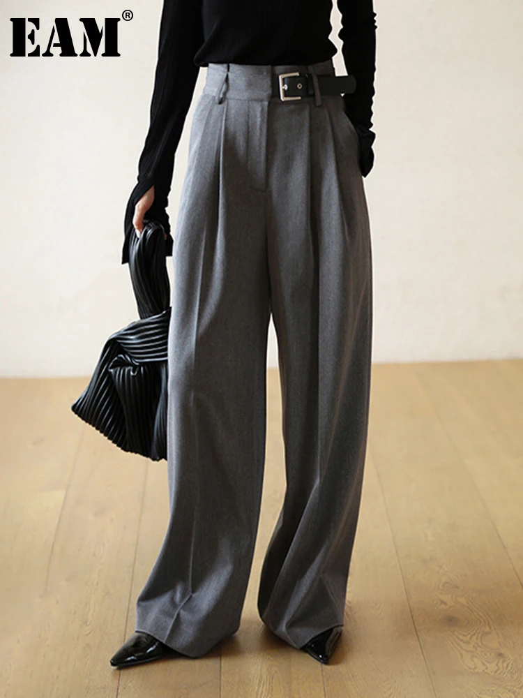 

[EAM] High Waist Gray Pleated Belted Wide Leg Long Pants New Loose Fit Trousers Women Fashion Tide Spring Autumn 2023 1DF5761