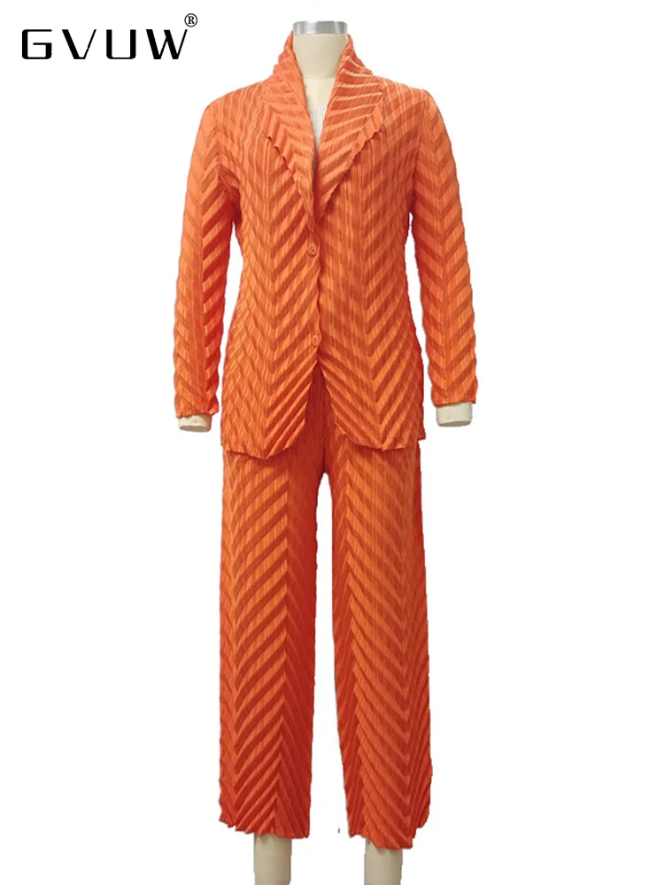 

GVUW Women's Pleated Sets Solid Color High Street Single Breasted Lapel Coat Loose Trouser Female Casual Set 2023 Spring 17J0403