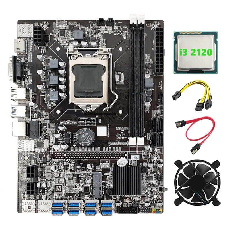 B75 BTC Mining Motherboard+I3 2120 CPU+SATA Cable+6Pin To Dual 8Pin Cable+Cooling Fan LGA1155 8XPCIE USB For ETH Bitcoin