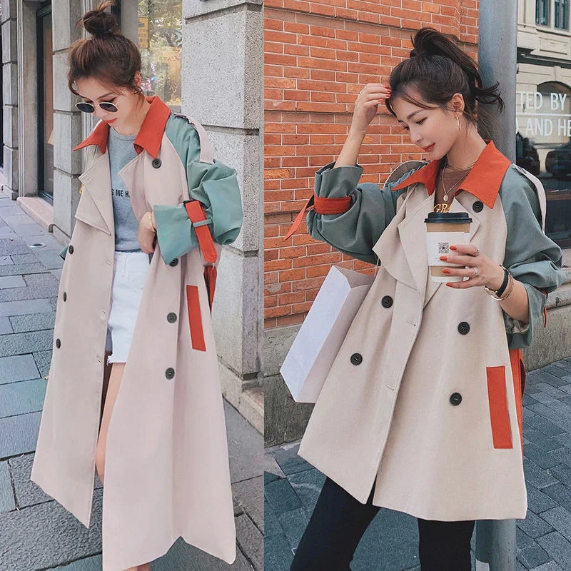 

New Spring Autumn Coat Long Sleeve Ladies Short Windbreaker Stitching Contrast Color Lapel Double Breasted High Quality Overcoat