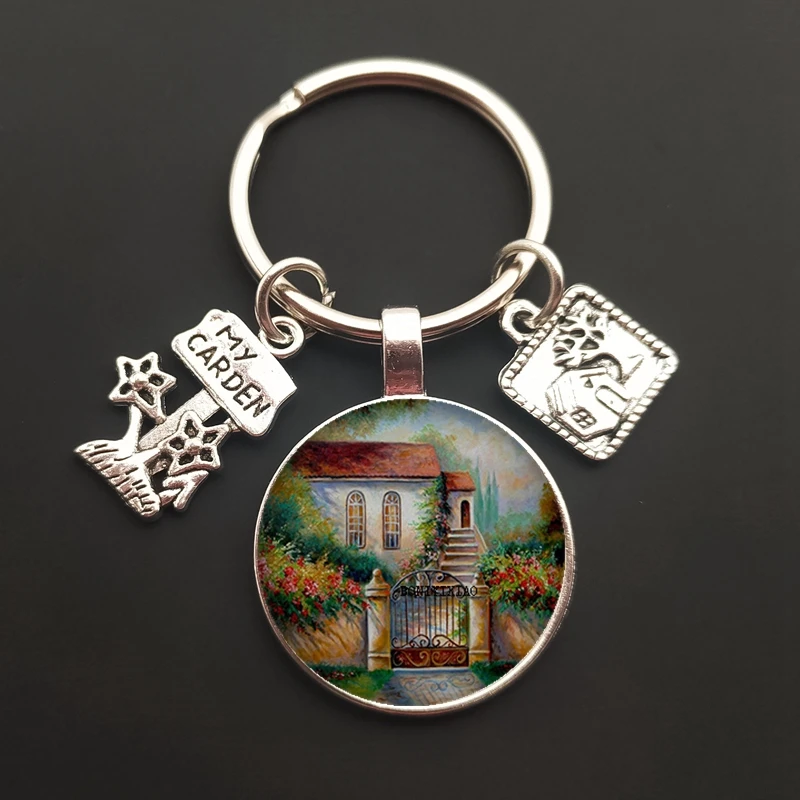 Новый брелок для ключей цветочного дома в стиле садового искусства, рисунок на стекле, цепочка для сумки, оберег для ювелирных изделий в подарок.