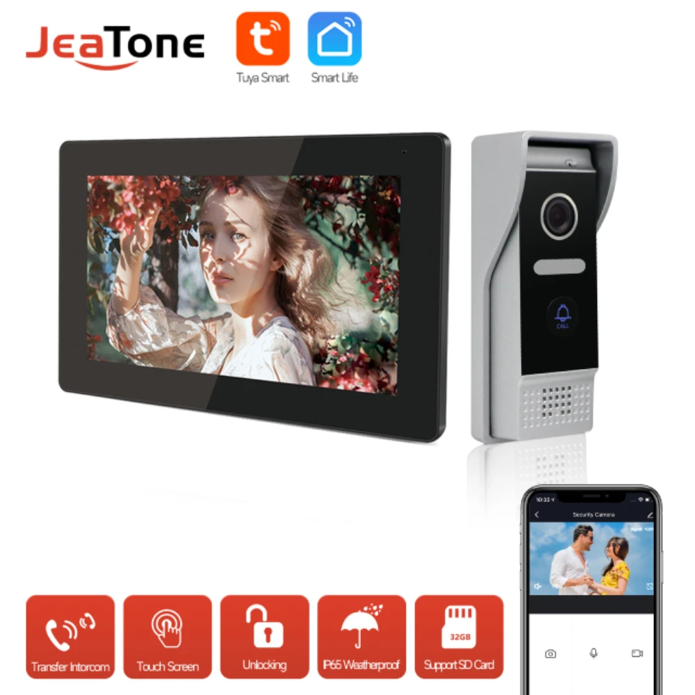 JEATONE Tuya IP Video Door Phone Home Intercom WiFi 1.0MP Outdoor Doorbell with Dual Way Talk, Monitor, Unlock, and Night Vision