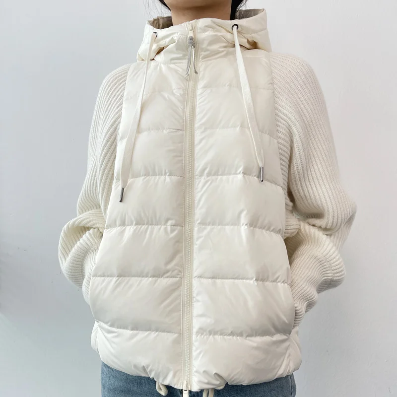 Down Jacket Short Hooded Winter Ladies 90% White Goose Coat Jackets Noble Gesture Splicing White Black Zipper Drawstring Women