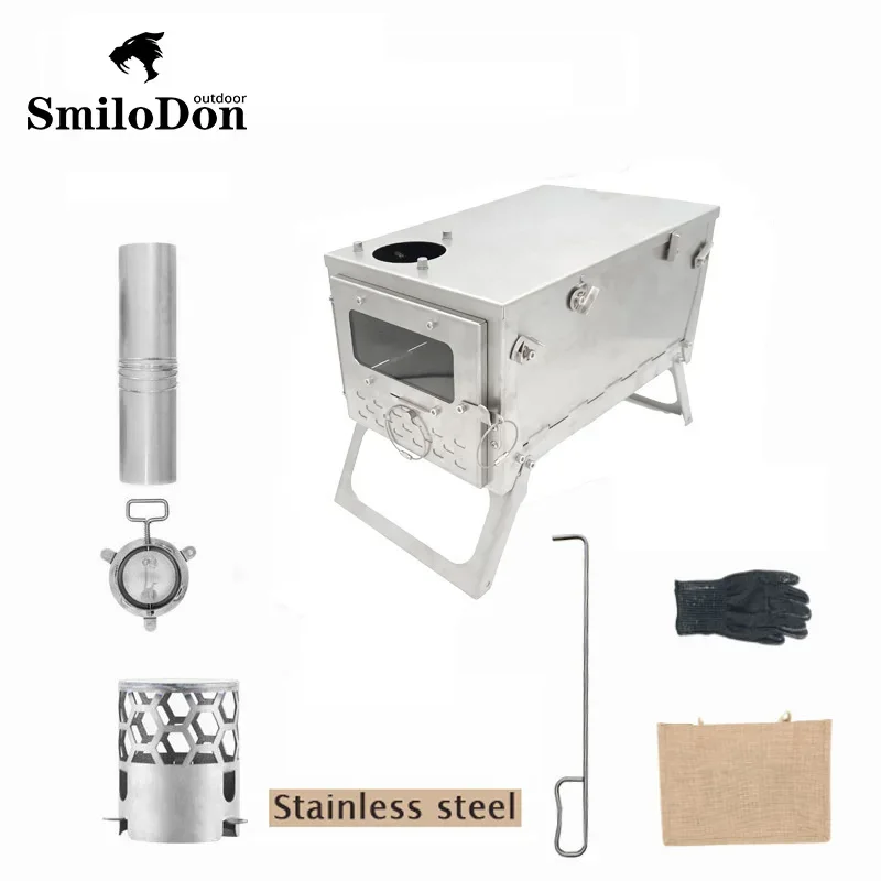 

SmiloDon Folding Stainless Steel Firewood Stove Portable Camping Tent Stove with Chimney Wood Burner Furnace Tourism Brazier