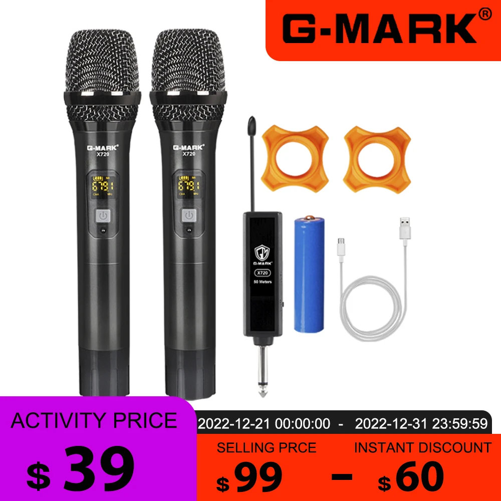 Wireless Microphone G-MARK X720 Professional UHF Handheld Karaoke 2 Channel Rechargeable Lithium Battery Metal Body For Party