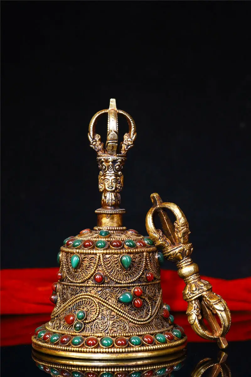 

6.69" Tibet Buddhism Silver inlay gemstone Pinching silk Vajra Pestle Bell a set
