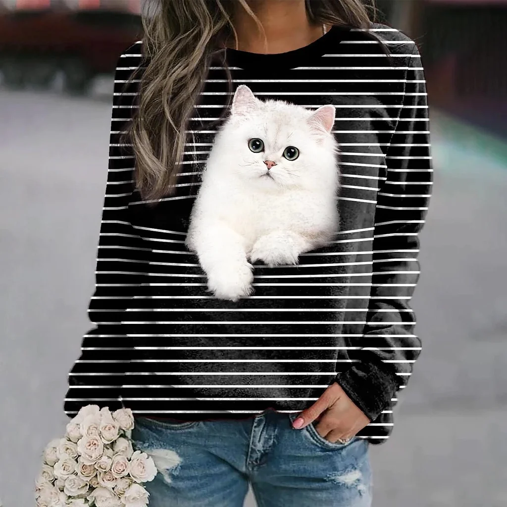 

[New In] Women's 3D white Cat T shirt Cat Graphic 3D Print Round Neck Basic long sleeves Tops