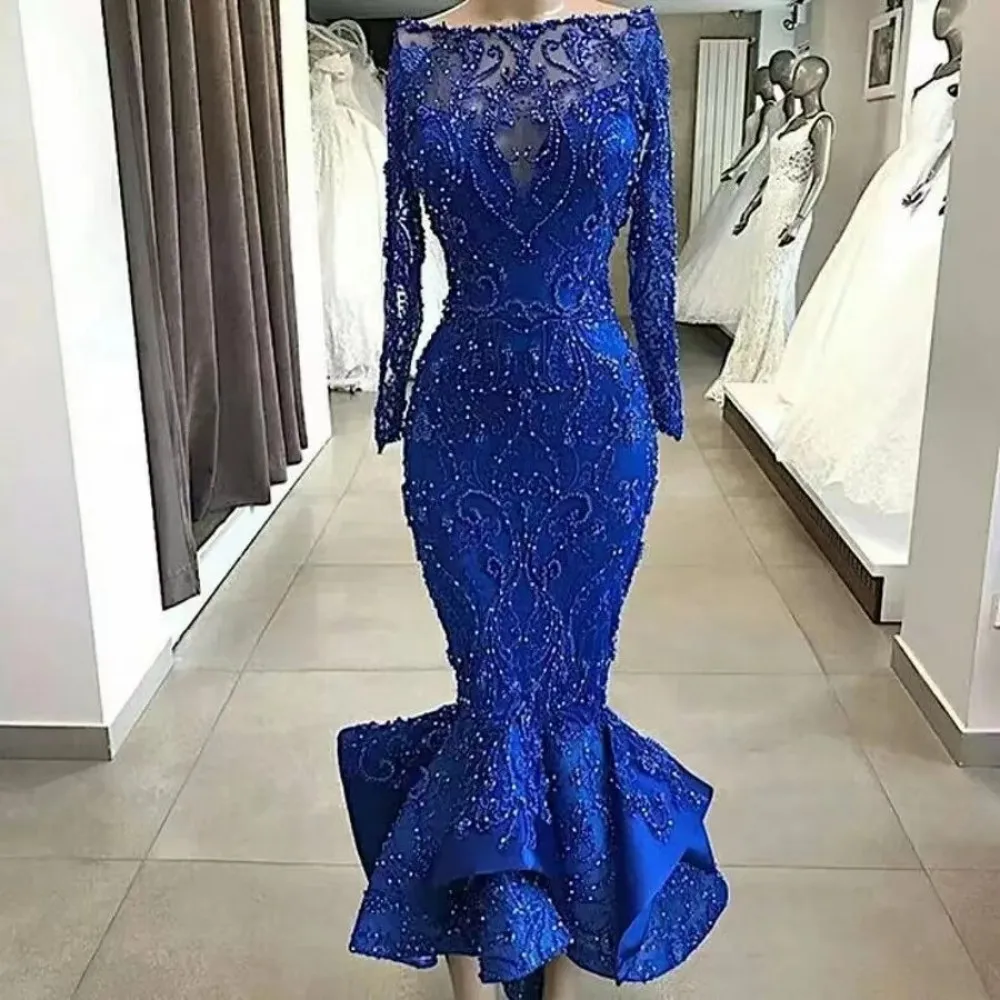 Женское вечернее платье-русалка, синее платье с вышивкой из бисера, вырезом лодочкой и блестящими камнями, платье для выпускного клуба, официальное платье в арабском стиле Дубая, 2023