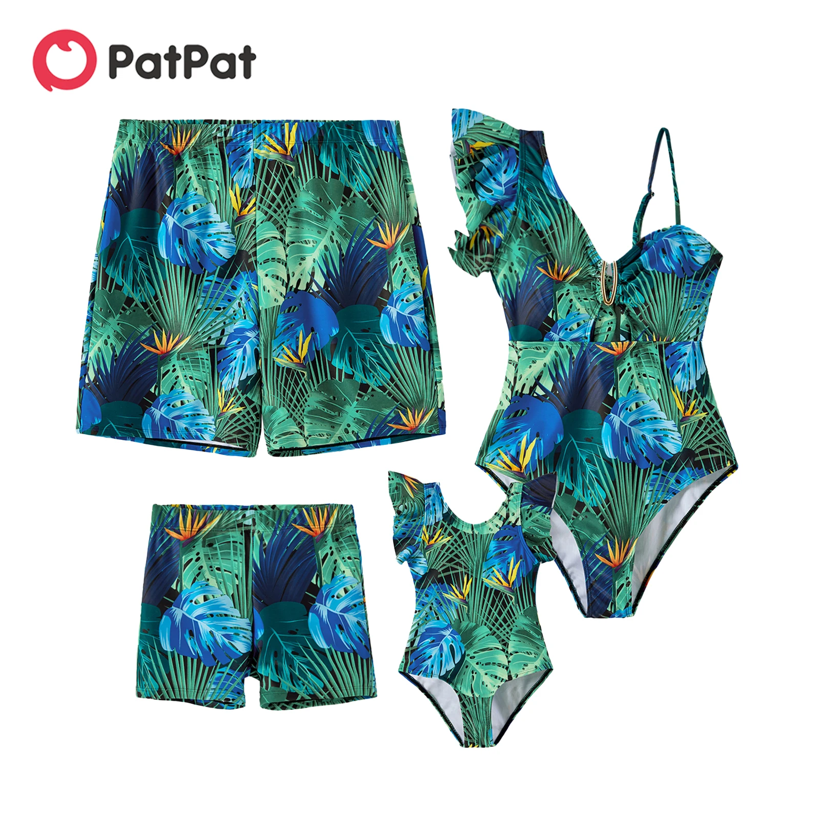 

PatPat Family Matching Allover Plant Print Ruffle Trim One-piece Swimsuit and Swim Trunks