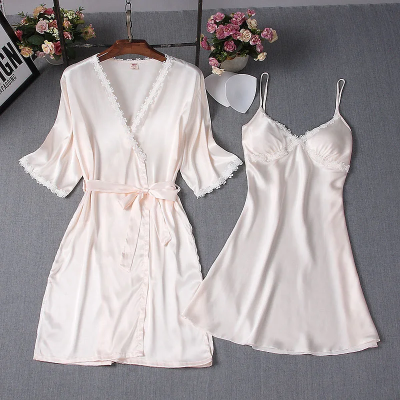 Women's Sleepwear 2 Pcs Sets Satin Silk Sleep Dress Sling Mini Dress and Cami Robe Pajamas Set