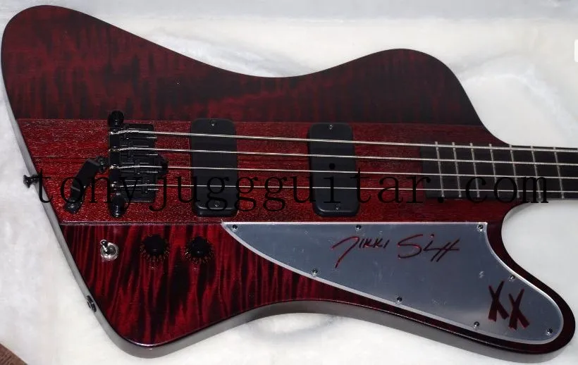 

Rare 4 Strings Bass Fire Thunderbird Nikki XX Signature Wine Red Flame Maple Top Electric Bass Guitar EMG Pickups Black Hardware