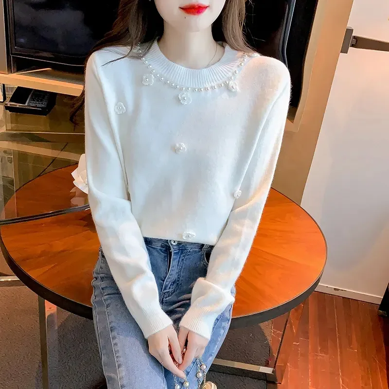 Осенние вязаные пуловеры с бусинами и цветами свитер Женский винтажный