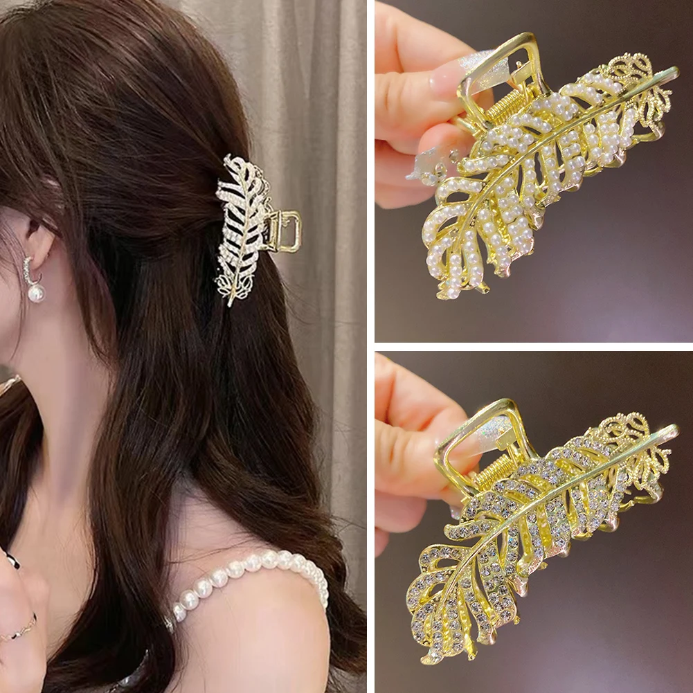 

2022 Women Gold Color Geometric Hair Claw Hairpin Vintage Pearl Rhinestone Leaf Hair Clips Hairpin Hair Crab Hair Accessories