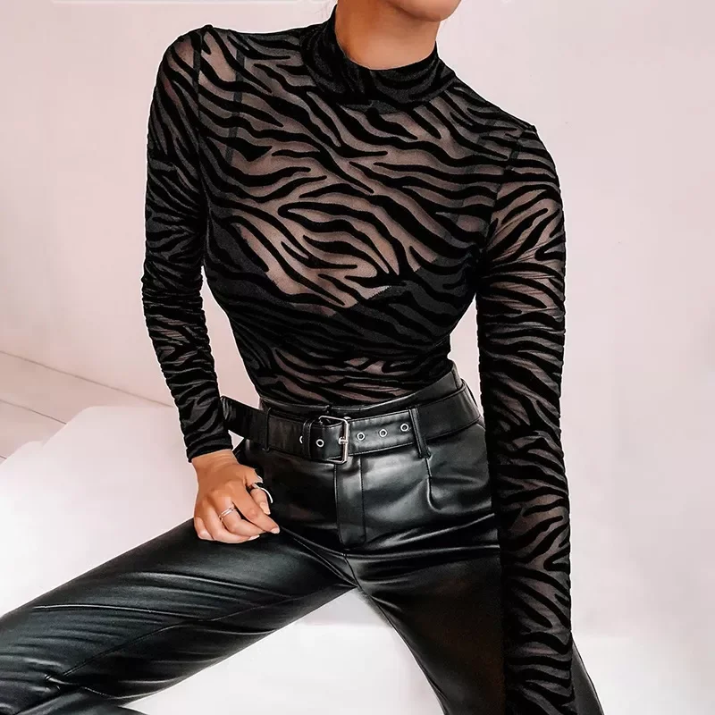 

Black Mesh Transparent Sexy Bodysuit Long Sleeve Slim Skinny Stripe Mock Neck Casual Rompers Women Lady Party Club Body