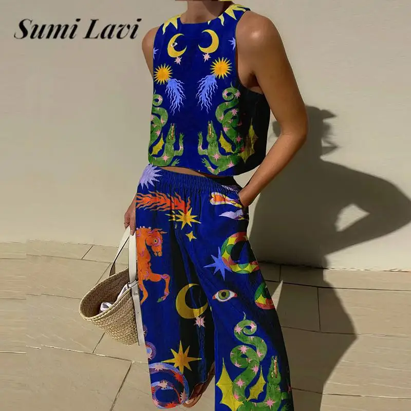 

2023 Female Graffiti Print Pants Two Piece Set Casual Loose Vest Set Fashion O Neck Sleeveless Tank Tops and Long Pants Outfits