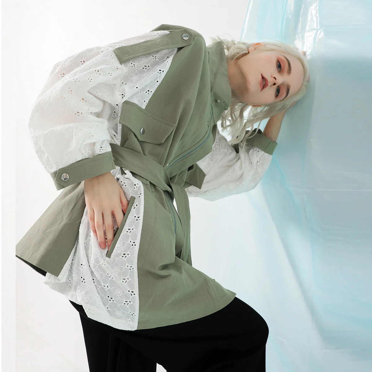 

Spring Fall Lace Splicing Windbreakers With Sashes Women's Long Trench Coat 2022 New Fashion Zipper Coat Outwear ulzzang chic