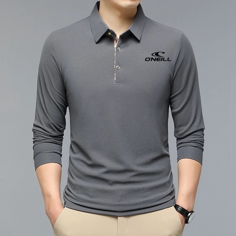 

Новинка 2023, мужская рубашка-поло, повседневные деловые топы, однотонные рубашки-поло, мужская рубашка-поло с длинным рукавом, модная Корейск...