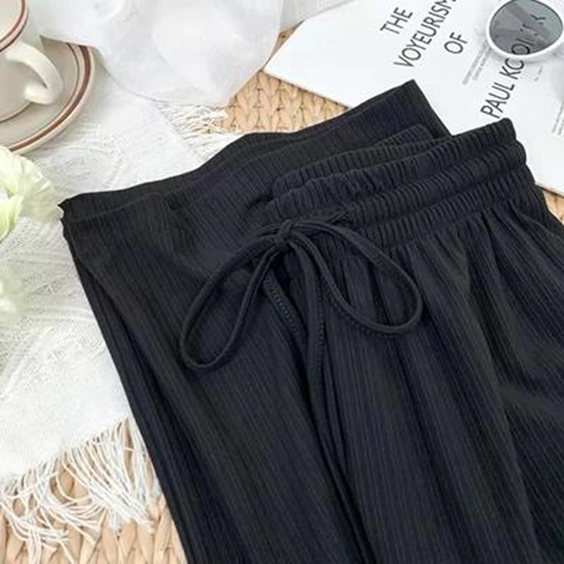 

Slacks Women's Loose Summer Pants Soft Ice Silk Ankle-Length Black Wide Leg Pants Grey Khaki Women High Waisted Trousers
