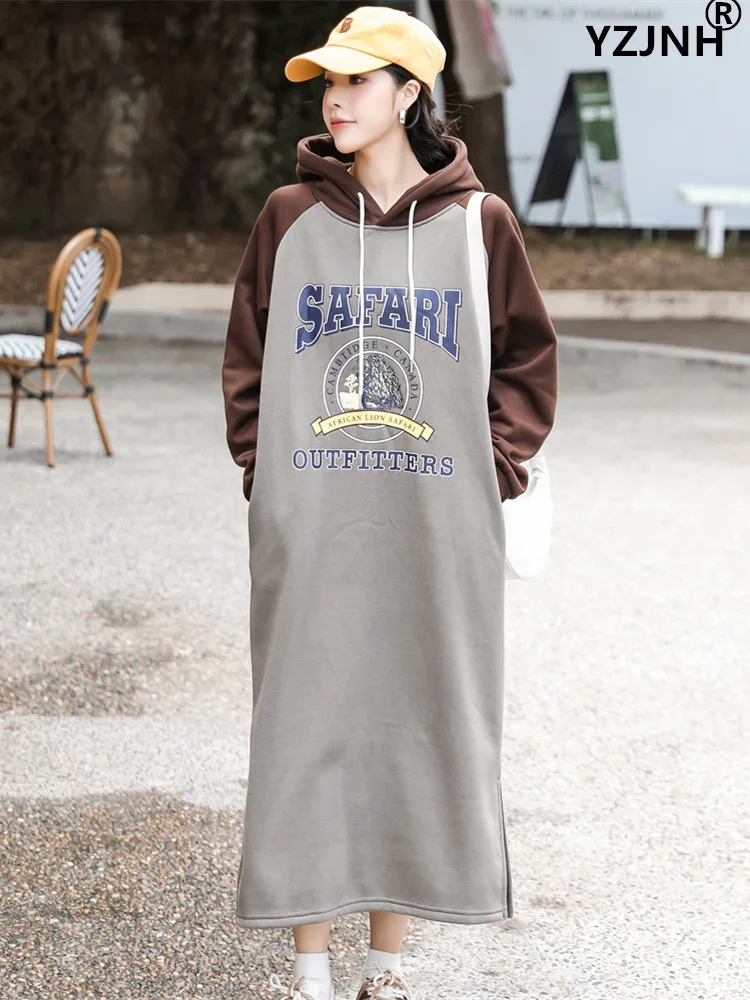 

YZJNH 2023 Autumn/Winter New Polar Fleece Hoodies Dress Women's Loose Relaxed Plush Thickened Hooded Long Dress Women's Large