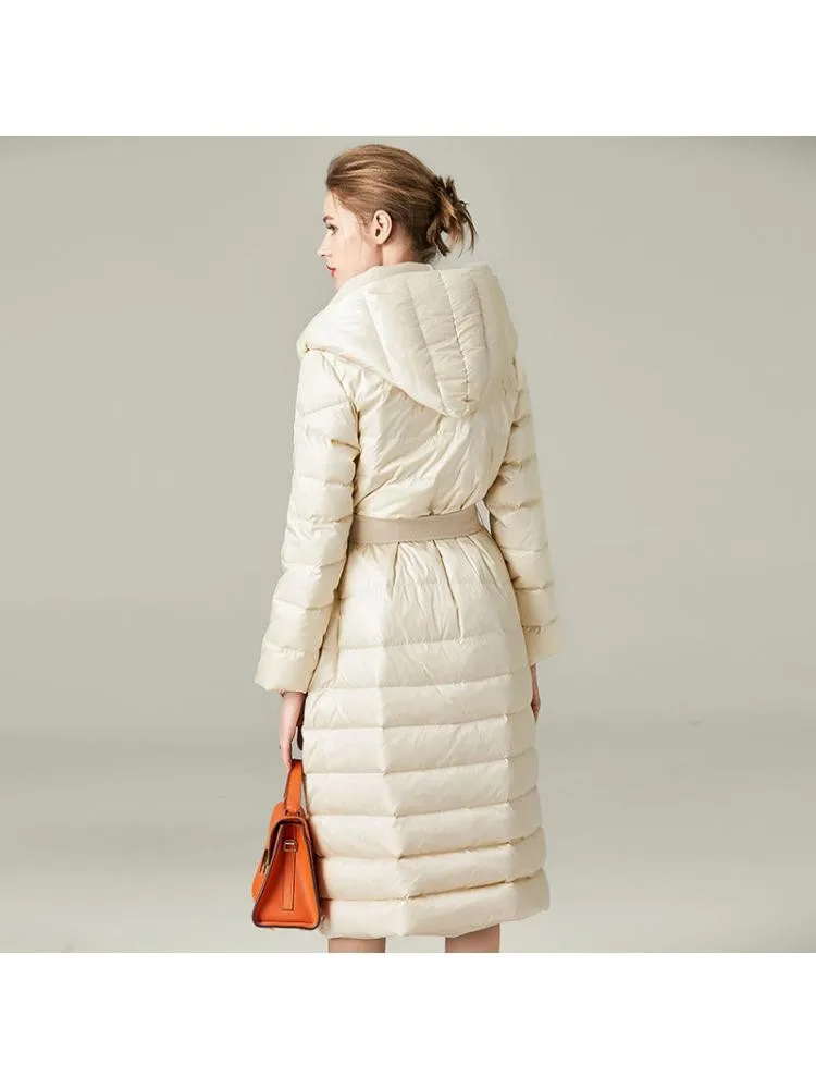 2022 Winter High-End Black Thicke Long 90 White Duck Down Coats Women Stitching Wool Hooded Lace Up Padded Warmer Jackets