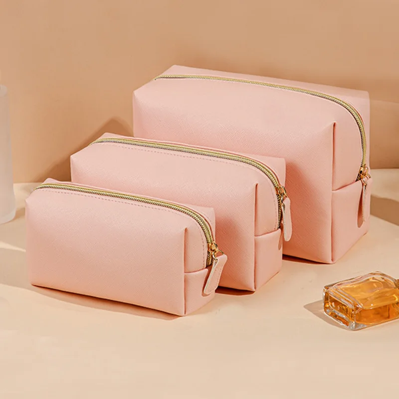 

PU Leather Waterproof Cosmetic Bag Solid Color Makeup Pouch Portable Travel Organizer Wash Toiletry Zipper Makeup Storage Bag