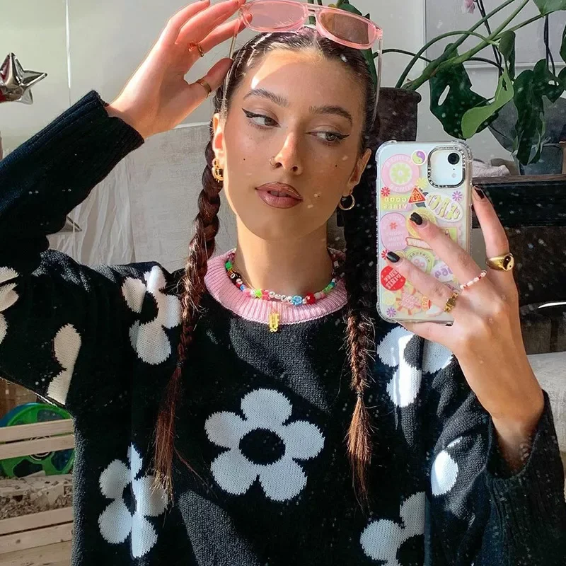 

Dourbesty 90-е E-girls свободный стильный свитер Шикарный ретро цветочный узор круглый воротник вязаные пуловеры для женщин осень Win