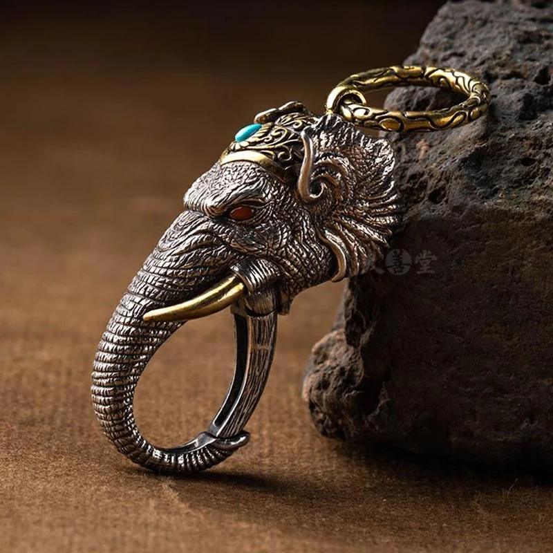 

New Silver Men's Retro Motorcycle Elephant Keychain Keychain Retro Elephant God of Wealth Domineering Trend Accessories