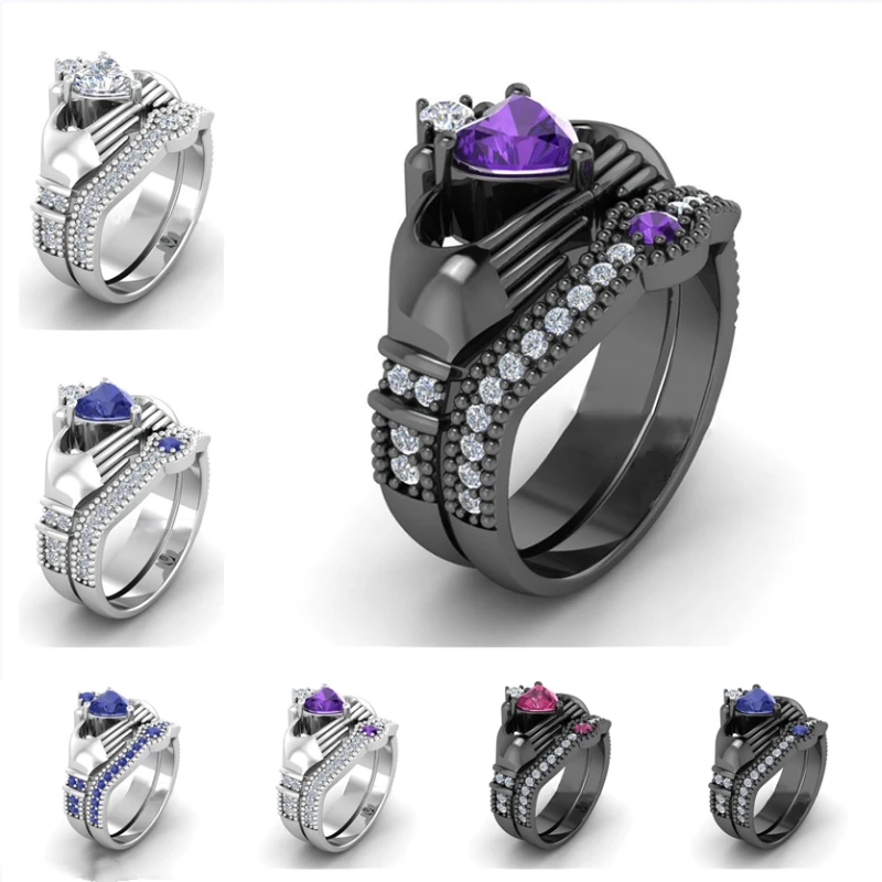 Huitan 2PC Claddagh Ring with Heart Shape Cubic Zircon Irish Classic Engagement Wedding Rings for Women Wholesale Lots Bulk