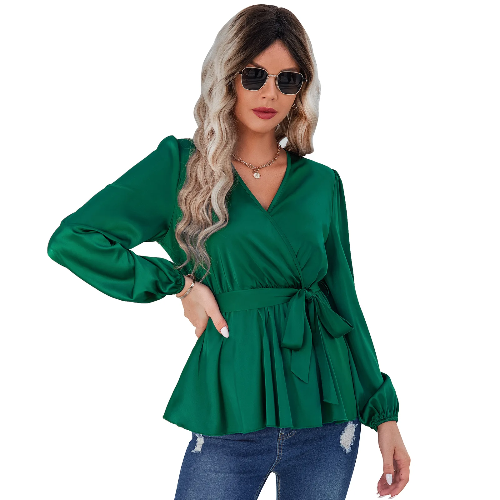 

Women's Blouses Thin stylish tapered V-neck shirt loose pullover