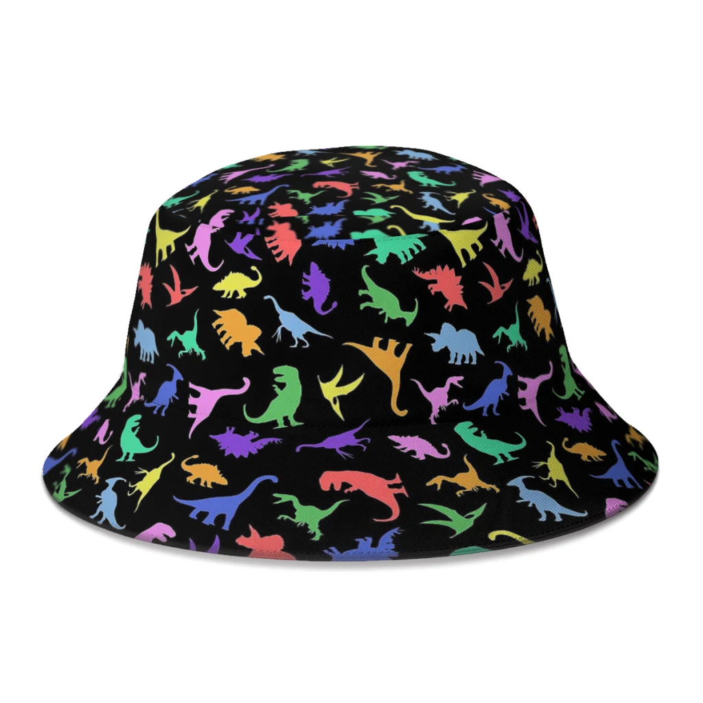 

2022 New Summer Fun Dinosaur Pattern Bucket Hats for Unisex Streetwear Foldable Bob Fishing Fisherman Hat Boonie Hat