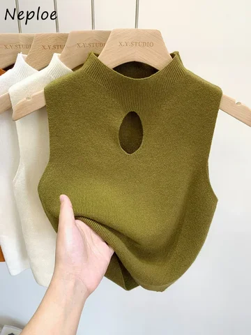 Neploe вязаный пуловер с воротником-стойкой, однотонный жилет без рукавов, винтажные ажурные свитера, осенне-зимний трикотаж Mujer Pull Femme