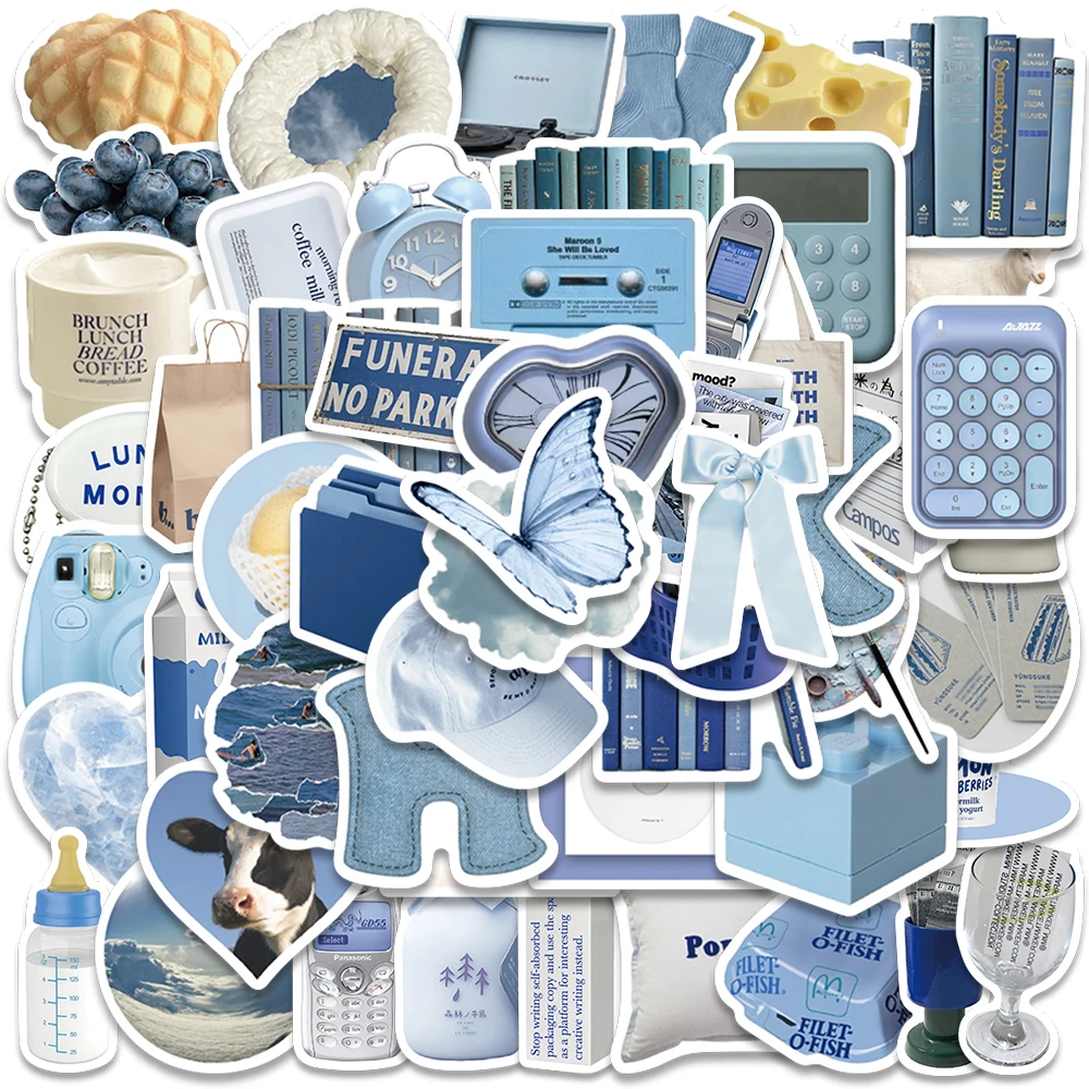 

10/60pcs Ins Style Blue Vinyl Stickers DIY Aesthetic Waterproof Graffiti For Luggage Laptop Guitar Phone Diary Decals
