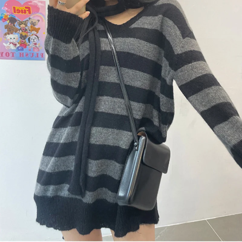 

Женский вязаный пуловер в полоску Y2K, Винтажный Длинный джемпер в стиле 90-х с V-образным вырезом, теплый Готический свитер в стиле панк на осе...