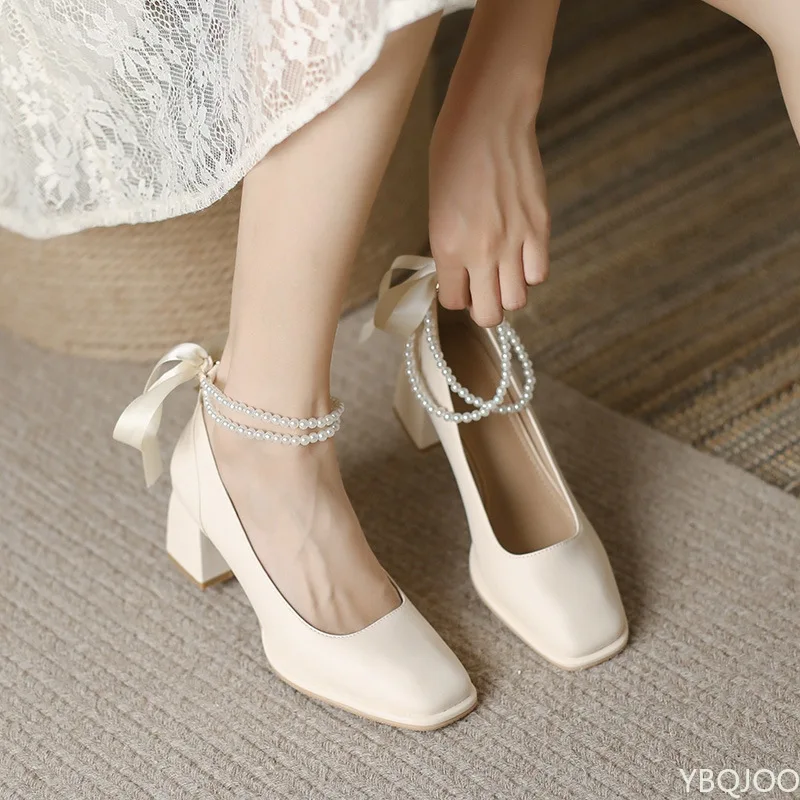 

High Heels Women Sandals Chunky Mary Janes Lolita Shoes 2022 Summer New Bow Sexy Pumps String Bead Luxury Women Shoes Zapatos