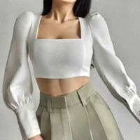 womens top with sexy square collar low cut open back retro lace up short puff sleeve top elegant court style streetwear y2k