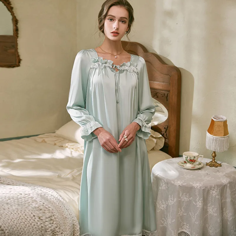 Nightgown Women Satin Silk Long Sleeve Sleepwear Palace Style Sleepdress Loungewear Kimono New Home Dressing Gown Sexy Nightwear