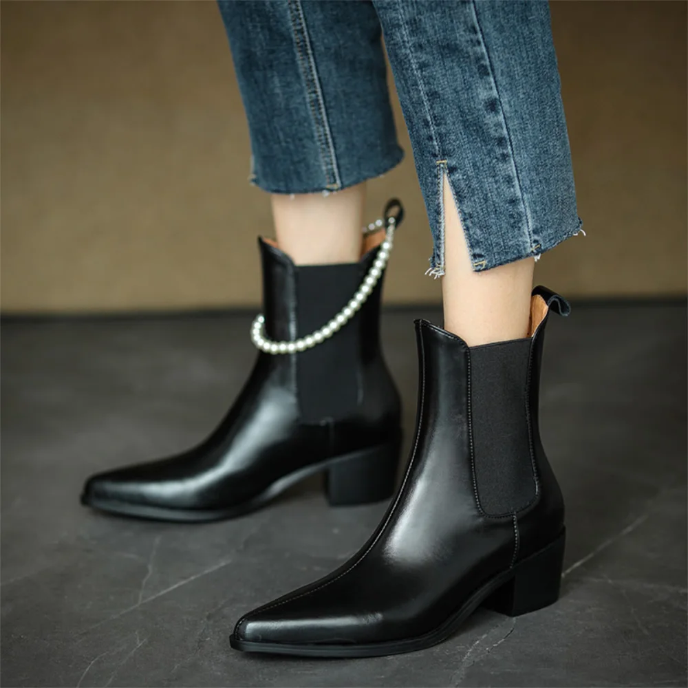 Ankle boots female shoes women single boots spring and autumn pointed middle thick heel pearl winter Chelsea boots