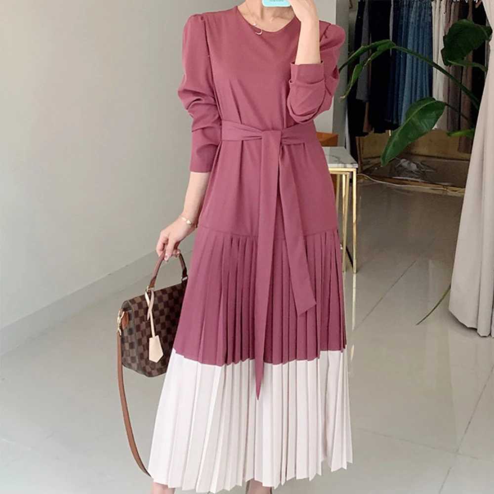 

Women's Dresses 2022 Korean Chic French Elegant Temperament Contrast Color Pleated Stitching Waist-length Over-the-knee Dress