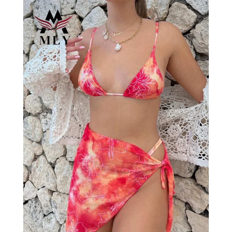 2022 New Tie Bikini Swimsuit Sexy Women Split Three Piece Swimsuit Skirtini