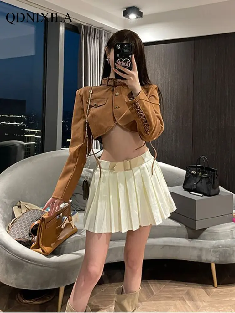 

Jackets for Women 2023 New Outerwear Y2k Streetwear Brown PU Cuff Drawstring Design Short Exposed Navel Women's Bomber Jacket