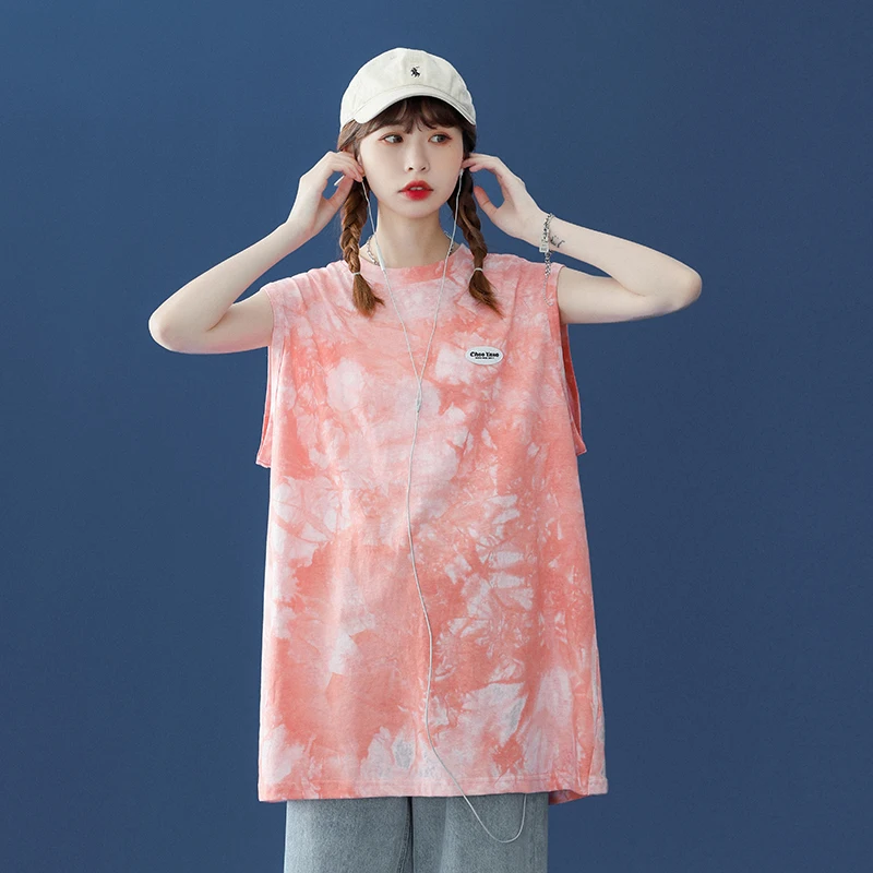

NELLARGEL Y2k Tie Dye Sleeveless Tank Top 2022 Summer Women's Vintage T-shirt Vest Streetwear Punk Pink Clothing Basic Top
