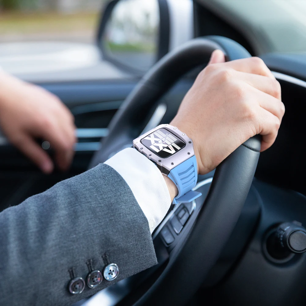 Luxury Metal Case Bracelet for Apple Watch 8 7 45mm Rubber Sports Band IWatch 6 5 4 SE 44MM Aluminum Alloy DIY Modification Kit