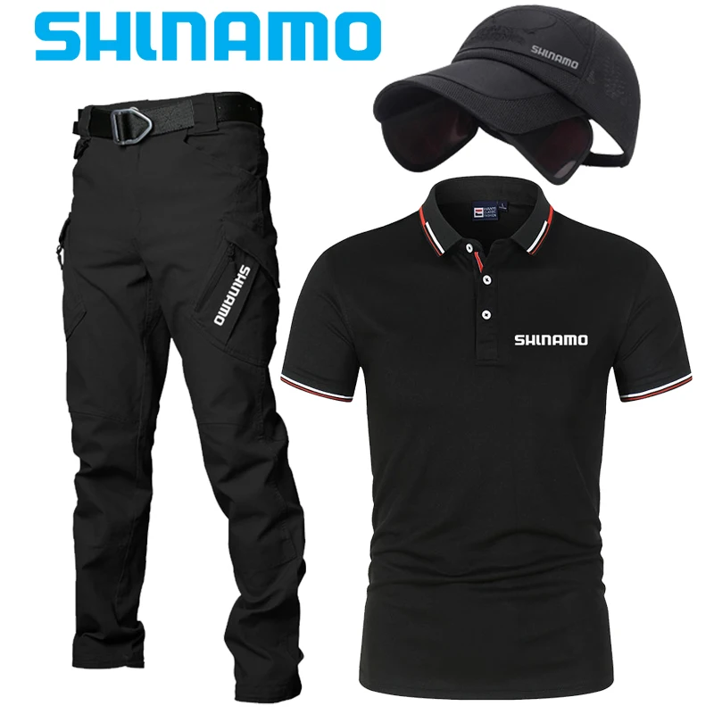 

Summer Fishing Suit Short Sleeve Polo Shirt Tactical Pants T-shirt Hiking Hat Hiking Cycling Men's Fishing Hoodie 3 Piece Set