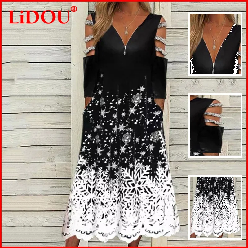 

Fashion Female Clothing Spring Summer V-Neck Sexy Zipper Hollow Out Off Shoulder Patchwork Three Quarter Printing Long Dress