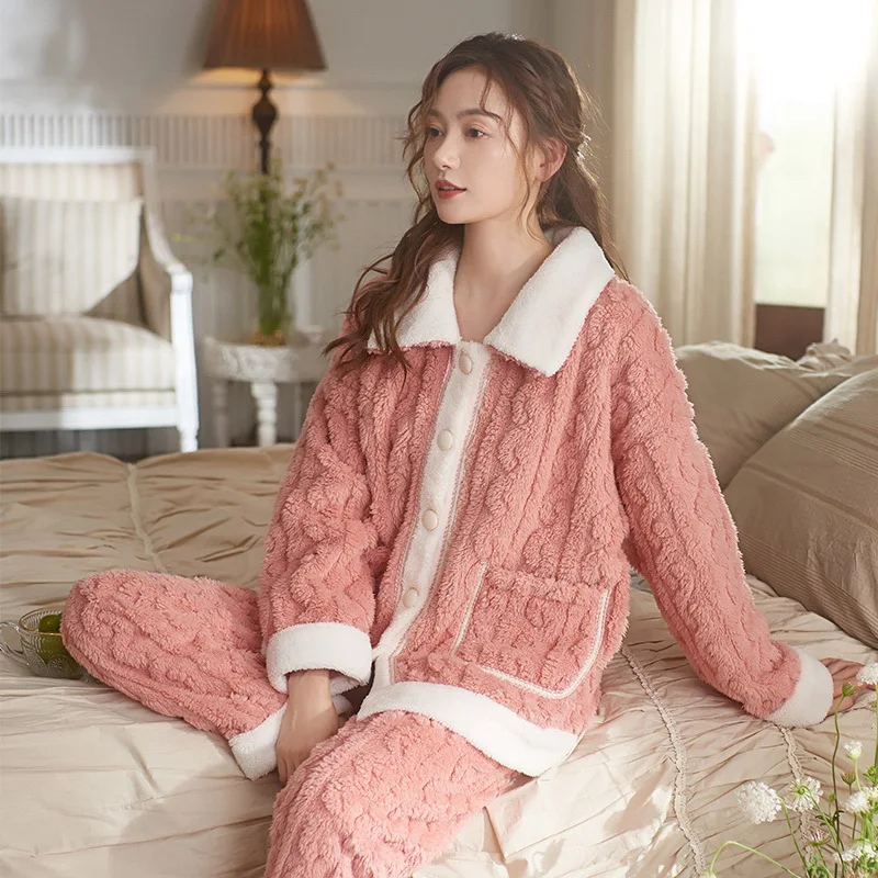 Autumn And Winter Flannel Solid Colour Women's Pajamas Cardigan Long Sleeve Long Trousers Coral Fleece Suit Home Pajama Sets
