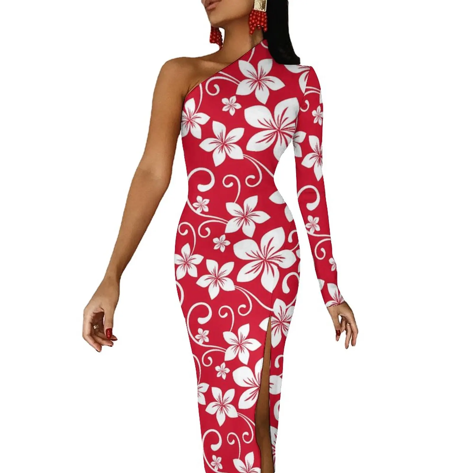 

Платье-макси с тропическим цветочным принтом, винтажное облегающее платье на одно плечо с красными цветами, длинные летние уличные платья, Дамский дизайн