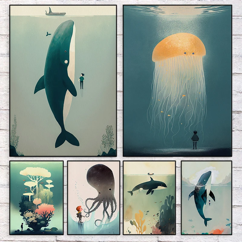 Абстрактный и минималистичный постер с иллюстрацией морской рыбы Кит осьминог